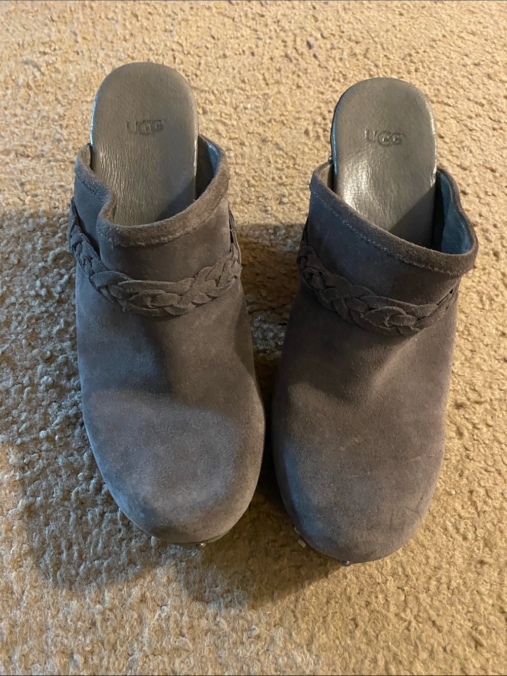 UGG Women's Charcoal Suede Braided Clog Mules with fur lined toes.